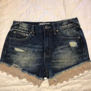 Free People Distressed Denim Shorts with Lace Trim, Size 24